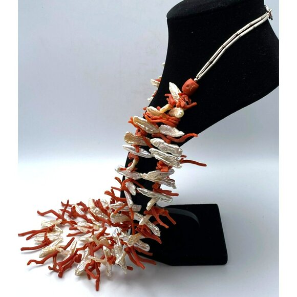 Orange Branch Coral Freshwater Pearl Necklace Double Strand Sterling Silver 32" - Picture 7 of 10